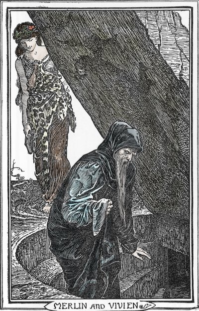 Darstellung von Merlin dem Zauberer und Fee Viviane (Illustration von Henry Justice Ford aus „Das Buch der Romantik“ 1902) von Henry Justice Ford