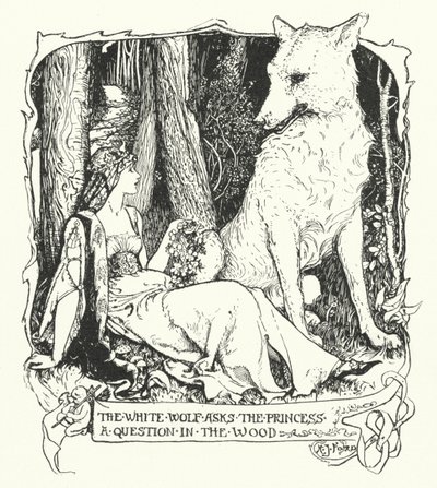 Der weiße Wolf stellt der Prinzessin eine Frage im Wald von Henry Justice Ford