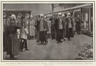 Beerdigung von Königin Victoria, der König und die königlichen Trauergäste salutieren, als der Sarg zum Zug in Paddington getragen wurde von Henry Marriott Paget