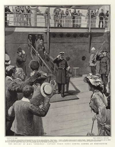 Die Rückkehr der HMS Terrible, Kapitän Percy Scott geht in Portsmouth an Land von Henry Marriott Paget