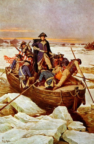 George Washington überquert den Delaware River, 25. Dezember 1776. Ein Vorfall im Revolutionskrieg 1775-1783 (Amerikanischer Unabhängigkeitskrieg), als George Washington (1732-1799) Oberbefehlshaber der amerikanischen Armee war. Illustration ca. 1912. von Henry Mosler