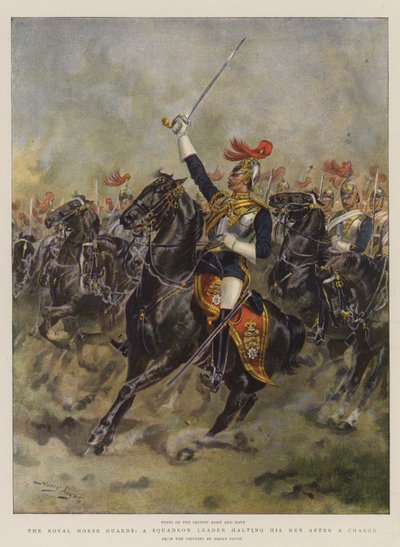 Die königliche Leibgarde, ein Schwadronführer hält seine Männer nach einem Angriff an (Chromolithografie) von Henry Payne