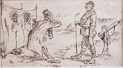 Der Golfer wird vom Verkäufer gestört, Illustration für die Zeitschrift Graphic, veröffentlicht ca. 1870 von Henry Sandercock