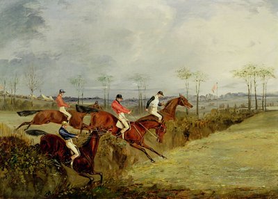 Ein Hindernisrennen, Überqueren einer Hecke und eines Grabens von Henry Thomas Alken