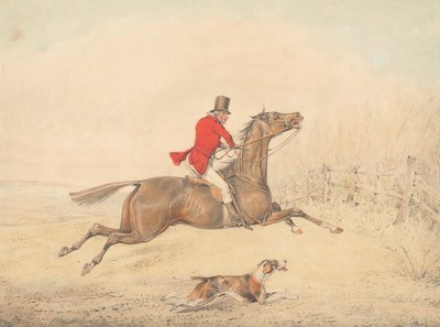 Reiter auf einem braunen Pferd, das im Begriff ist, einen Zaun zu überspringen von Henry Thomas Alken