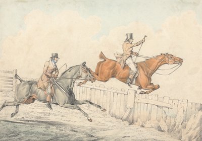 Zwei Reiter springen über einen Holzzaun von Henry Thomas Alken