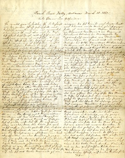 Brief unterschrieben Henry [Henry Voelkner], Brush Creek Valley, Arkansas, an seine Eltern, Brüder und Schwestern, 18. März 1862 von Henry Voelkner
