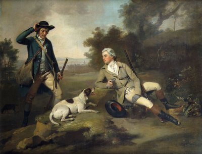Ein Herr, der mit einer Waffe und einem Hund liegt, und sein Wildhüter steht in der Nähe von Henry Walton
