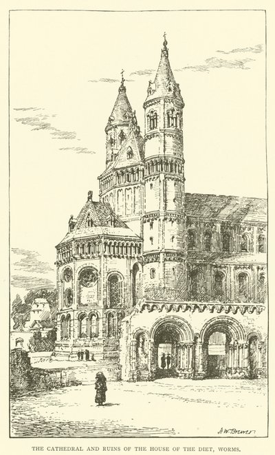 Der Dom und die Ruinen des Hauses des Reichstags, Worms (Gravur) von Henry William Brewer