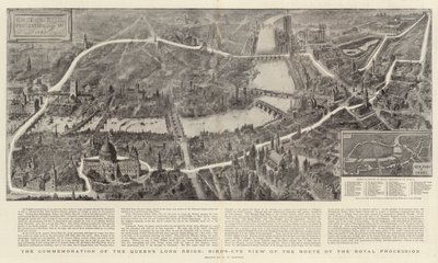 Die Feier des langen Regierungsjubiläums der Königin, Vogelperspektive der Route des königlichen Prozessions von Henry William Brewer