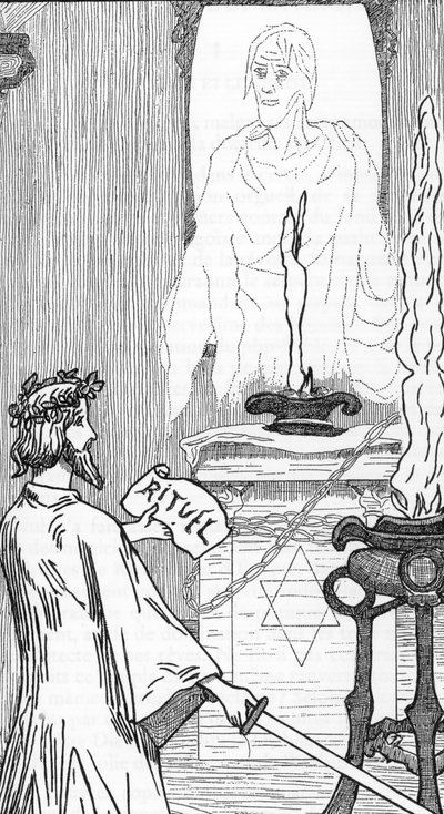 Spiritismus: Beschwörung von Geistern. Zeichnung von Henry de Malvost aus „Satanismus und Magie“ von Jules Bois 1895. Private Sammlung von Henry de Malvost