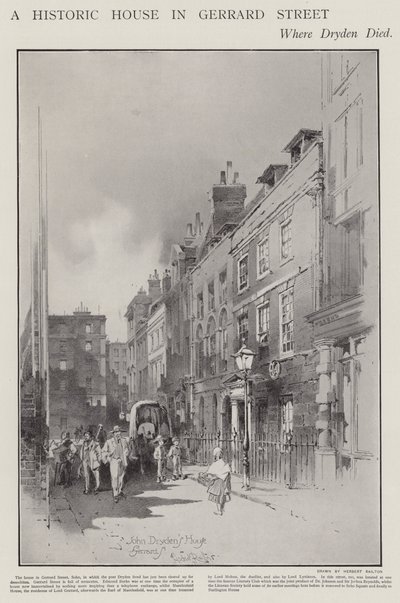 Das Haus in der Gerrard Street, London, wo der Dichter John Dryden 1700 starb (Litho) von Herbert (after) Railton