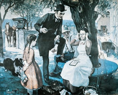 Der Brillenverkäufer im späten 19. Jahrhundert, Werbung für die American Optical Company von Herbert Morton Stoops