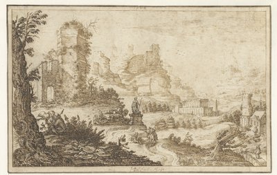 Landschaft mit Ruinen und einer Statue von Herman Breckerveld