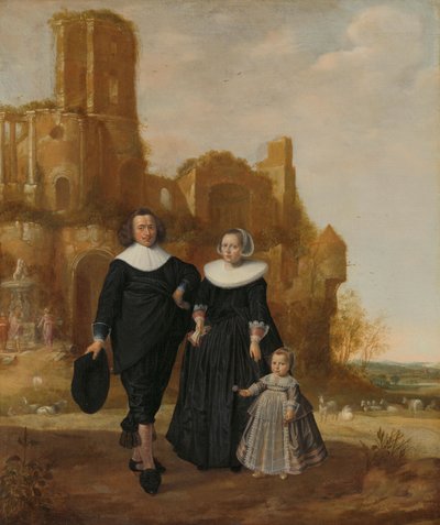 Porträt eines Paares mit ihrem Kind in einer Landschaft von Herman Mijnerts Doncker