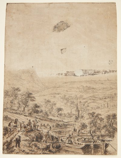 Panoramische Landschaft mit Bauern, Fischern und einer Dorfkirche von Herman Saftleven