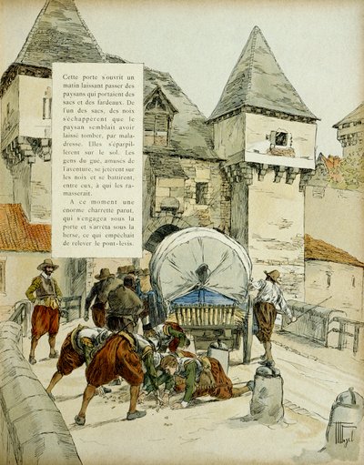 Überraschung von Amiens. Die Spanier benutzten einen Trick, um die Stadt Amiens am 11. März 1597 einzunehmen, indem sie das Fallgitter mit einem Wagen blockierten. Illustration, 1907, von Hermann Vogel von Hermann Vogel