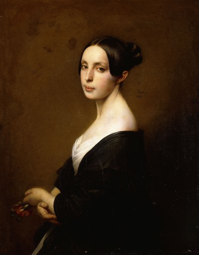 Porträt einer Dame, Halbfigur, in einem schwarzen Kleid und eine Nelke haltend von Hermann Winterhalter