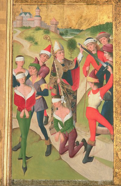 Der heilige Nikolaus rettet drei unschuldige Männer vor der Hinrichtung, vom Hochaltar der St. Nikolaus Kirche, 1481 (Detail) von Hermen Rode