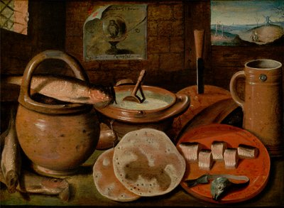 Stilleben mit einem armen Mahl aus Brei, Käse, Hering und Pfannkuchen von Hieronymous Francken II