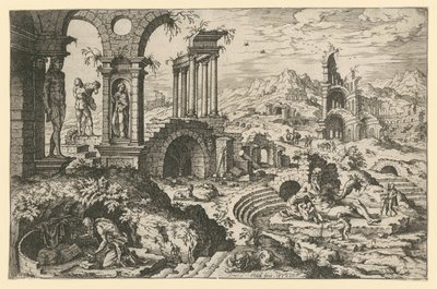 Der heilige Hieronymus in einer Ruinenlandschaft von Hieronymus Cock
