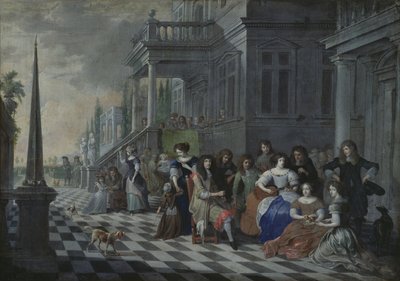 Figuren, die vor einem Palast Musik machen, 1672 von Hieronymus Janssens
