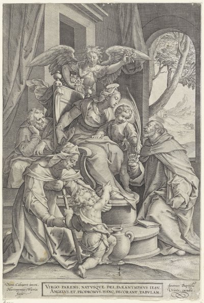 Heilige Familie mit Elisabeth und Johannes dem Täufer, nach Denys Calvaert von Hieronymus or Jerome Wierix