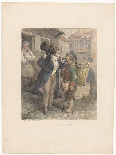 Vornehmer Herr zündet seine Zigarre an der Pfeife eines Arbeiters in Lumpen an von Hippolyte Bellange