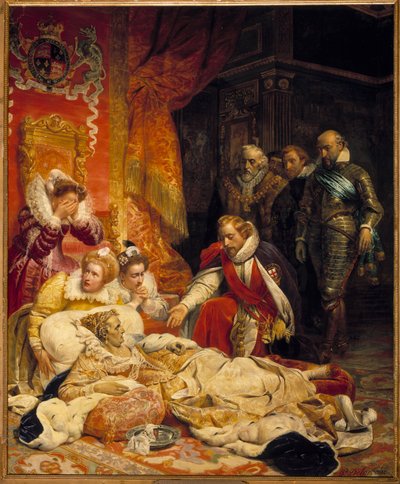 Der Tod von Elisabeth I., Königin von England im Jahr 1603. Königin Elisabeth starb am 24.03.1603 an Depression und Krankheit, umgeben von ihren Höflingen. Gemälde von Paul Delaroche von Hippolyte Delaroche