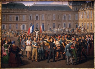 Die Polytechniker tragen das aus der Kapelle der Tuilerien gerettete Kruzifix während des Aufstands vom 24. Februar von Hippolyte Lecomte