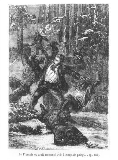 Der Franzose konnte drei von ihnen mit einem Schlag flachlegen, Illustration aus In 80 Tagen um die Welt von Jules Verne, graviert von Henri Theophile Hildibrand, 1873 von Hippolyte Leon Benett