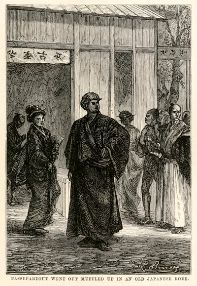 Passepartout ging in einem alten japanischen Gewand eingehüllt hinaus, aus In 80 Tagen um die Welt von Jules Verne (1828-1905), graviert von Louis Prevost, 1873 von Hippolyte Leon after Benett