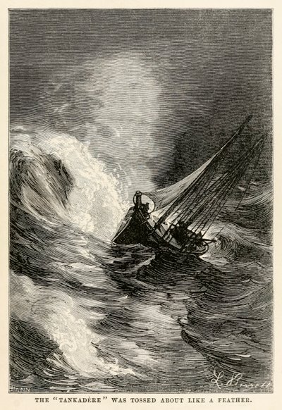 Die Tankadere wurde wie eine Feder hin und her geworfen, aus In 80 Tagen um die Welt von Jules Verne (1828-1905) graviert von Adolphe François Pannemaker (1822-1900), 1873 von Hippolyte Leon after Benett