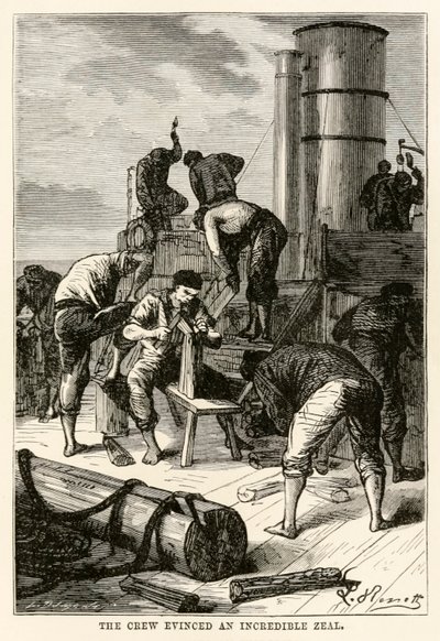 Die Besatzung zeigte einen unglaublichen Eifer, aus In 80 Tagen um die Welt von Jules Verne (1828-1905) graviert von Louis Dumont (geb. 1822), 1873 von Hippolyte Leon after Benett