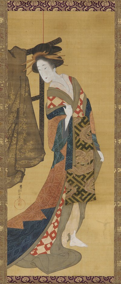 Eine Kurtisane steht in der Nähe eines Kleiderständers, Edo-Zeit von Hishikawa Sori