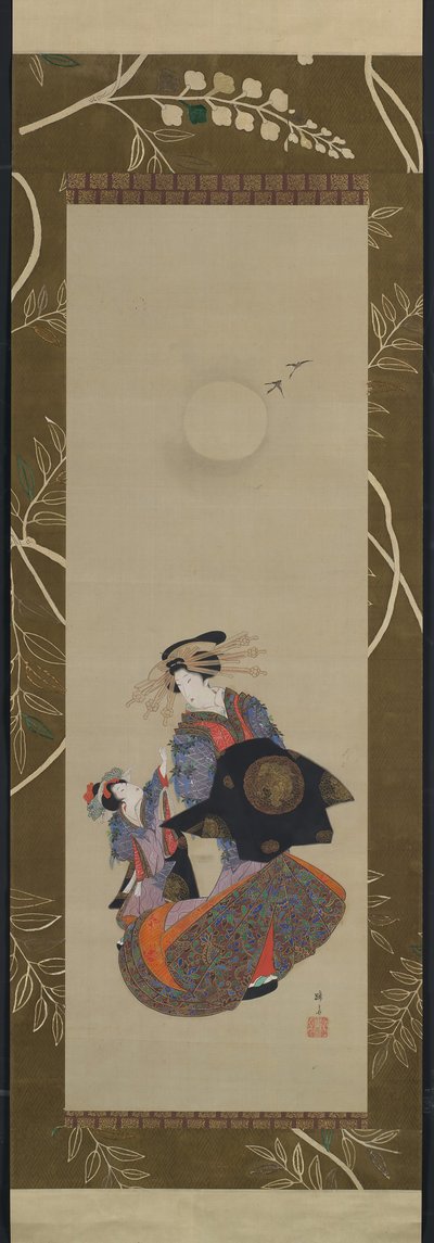 Schönheit von Yoshiwara mit Lehrling im Mondlicht von Hokuba