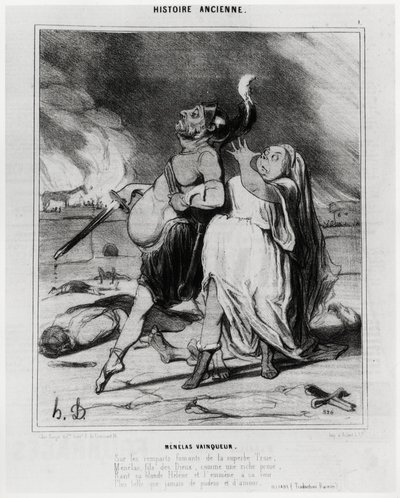 Alte Geschichte: Menelaos Sieger, Karikatur zur Illustration eines Auszugs aus der Ilias von Homer: „Auf den rauchigen Mauern des prächtigen Troja, Menelaos, Sohn der Götter, wie eine reiche Beute, entführt seine blonde Helena und bringt sie zu seinem Hof, von Honoré Daumier