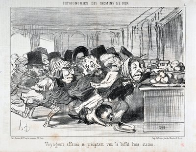 Serie „Physiognomien der Eisenbahnen“. „Hungrige Reisende stürzen sich auf das Buffet einer Station“. von Honoré Daumier