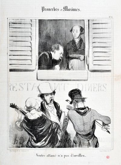Werk von Honore Daumier (1808-1879). Charivari aus dem Jahr 1840: Serie PROVERBES ET MAXIMES „Belly starvation has no ears“ MUSEE DES BEAUX ARTS - PALAIS LONGCHAMP, MARSEILLE von Honoré Daumier