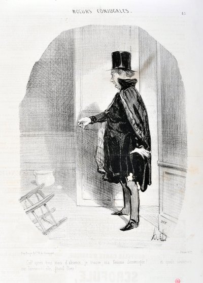 Werk von Honore Daumier (1808-1879). Charivari stammt aus dem Jahr 1842: Serie MORES CONJUALES - Himmel, nach drei Monaten Abwesenheit finde ich meine Frau umgezogen und welche Erinnerungen ich wasche, großer Gott! MUSEUM DER SCHÖNEN KÜNSTE - PALAST LONGCH von Honoré Daumier