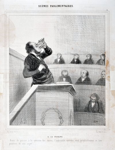 Charivari von 1843: Serie SCENES PARLIAMENTARY. In der Galerie - Bevor er zur Zuckerfrage übergeht, möchte der ehrenwerte Abgeordnete gut über sein Thema nachdenken. MUSEE DES BEAUX ARTS - PALAIS LONGCHAMP, MARSEILLE von Honoré Daumier