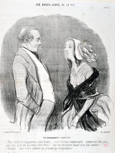 Werk von Honore Daumier (1845): Serie LES BEAUX DAYS DE LA VIE. Verpflichtung eines Künstlers „Sie wollen eine Verpflichtung für mein Theater... es ist sehr gut, Fräulein... wie hübsch Sie sind, für Sie wird es nur zwölfhundert Francs kosten... das“ von Honoré Daumier