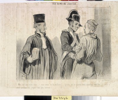 Werk von Honore Daumier (1845): Serie LES PEANS DE JUSTICE. „Mein Lieber, was willst du... wir hatten Pech... ich konnte deine Unschuld diesmal nicht beweisen... aber bei deinem nächsten Flug hoffe ich, glücklicher zu sein.“ von Honoré Daumier