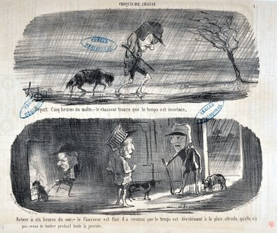 Werk von Honore Daumier (1808-1879) Charivari aus dem Jahr 1853: Serie Sketches de Chasse „Abfahrt um fünf Uhr morgens, - der Jäger stellt fest, dass das Wetter unsicher ist“ „Rückkehr um sechs Uhr abends, - der Jäger ist sich sicher, er hat erkannt, dass“ von Honoré Daumier