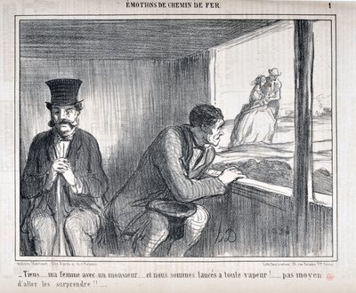 Werk von Honore Daumier (1808-1879) Charivari stammt aus dem Jahr 1858: Serie EMOTIONS EN Chemin de fer - Tiens... meine Frau mit einem Herrn... und wir sind mit voller Geschwindigkeit unterwegs!... keine Möglichkeit, sie zu überraschen!! MUSEUM DER SCHÖNE von Honoré Daumier