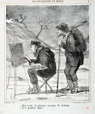 Charivari von 1864: Serie LES LANDSAGISTS IN WINTER. - Mein Alter, dein Gemälde fehlt es an Wärme - Und dem Maler auch! MUSEUM OF FINE ARTS - PALACE LONGCHAMP, MARSEILLE von Honoré Daumier