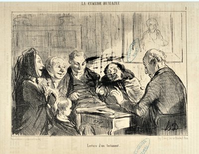 Werk von Honore Daumier (1853): Serie LA COMEDIE HUMAN „Lesung eines Testaments“ von Honoré Daumier