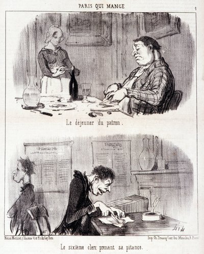 Karikatur über gastronomischen Missbrauch. Serie „Paris qui mange“: Das Frühstück des Chefs. Der sechste Angestellte nimmt seine Mahlzeit. von Honoré Daumier