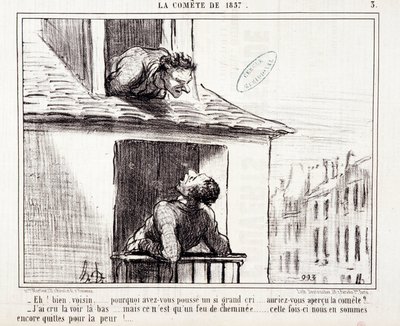 Karikatur über Wissenschaft. Serie über „den Kometen von 1857“: „Nun, Nachbar... warum hast du so einen großen Schrei gemacht...“ Gravur von Honore Daumier (1808-1879). Auszug aus der Zeitung „Le Charivari“ vom 11. März von Honoré Daumier