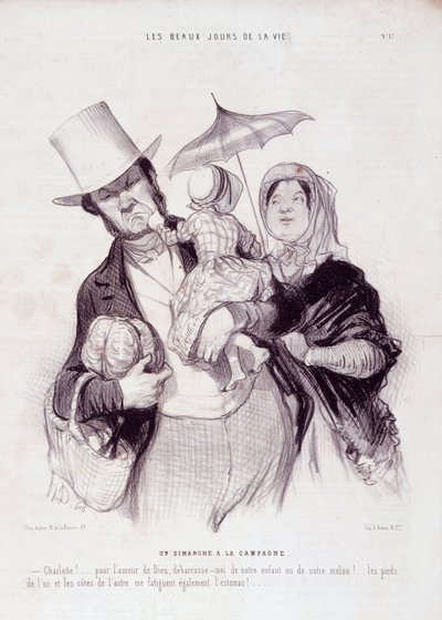 Karikatur über die Familie. Serie „Die schönen Tage des Lebens“: „Ein Sonntag auf dem Land...“. Gravur von Honoré Daumier (1808-1879). Auszug aus der Zeitung „Le Charivari“ vom 21. Juli. von Honoré Daumier